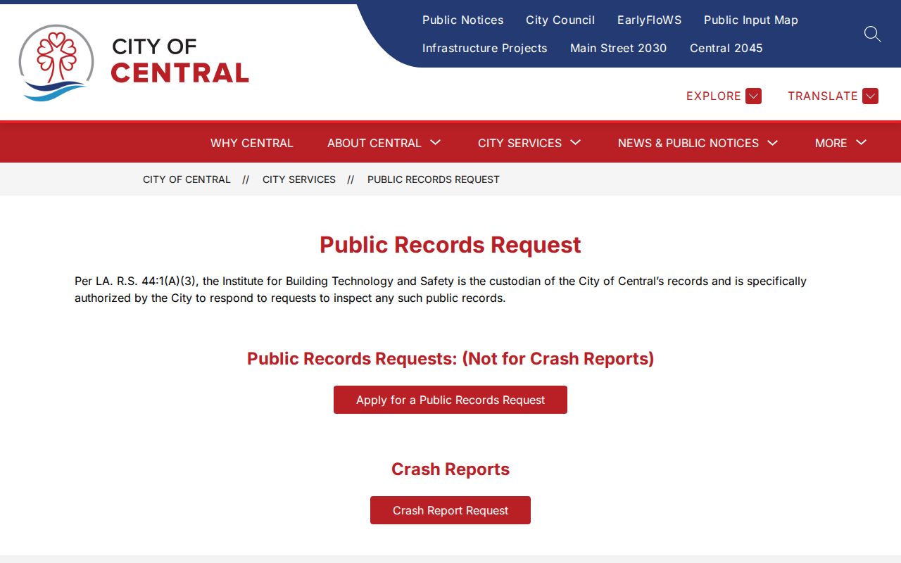 East Baton Rouge Parish Central criminal records and crash report request choices