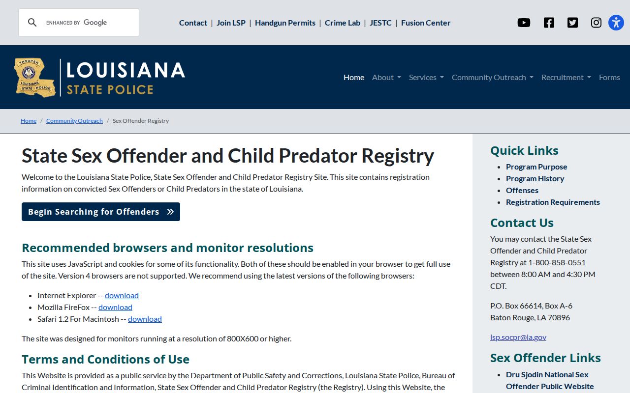 Louisiana State Police sex offender registry conditions gateway